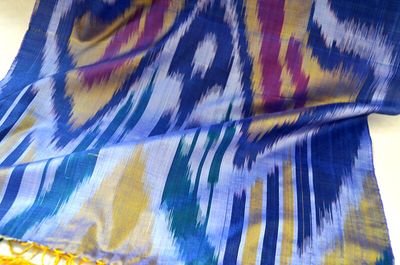 Vibrant Blue Handwoven Silk Ikat Scarf With Golden Accents