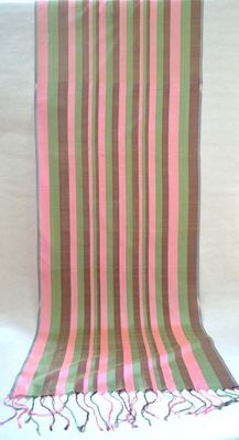 Striped silk scarf in soft peach, pistachio green, and chocolate brown