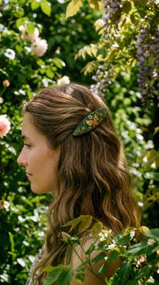 "Green grass and a bird" hand painted hair barrette