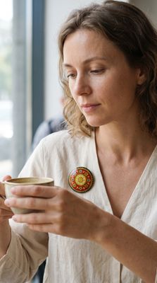 Joy – Hand-Painted Red and Beige Circular Lapel Pin, A Unique Accessory
