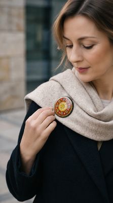 Hand-Painted Floral Lapel Pin with Gold and Black Accents