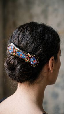 "Flowers on midnight blue" hand painted hair barrette