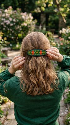Wide blue, green and red hair barrette