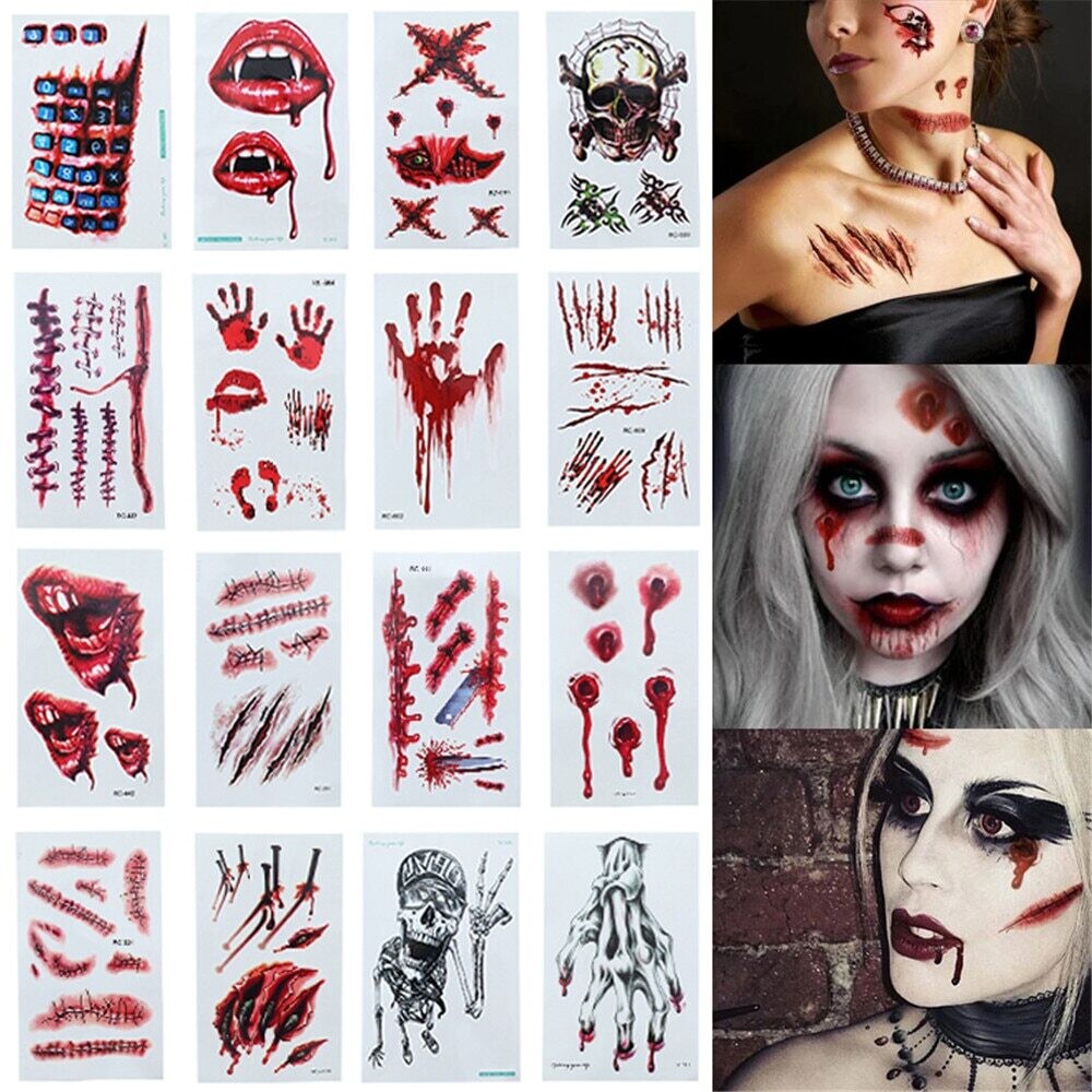 10sheets/pack New Halloween Holiday Face Makeup And Terror Spider And Scar Mask Design Fake Temporary Waterproof Tattoo Sticker - Party &amp; Holiday Diy Decorations - AliExpress
