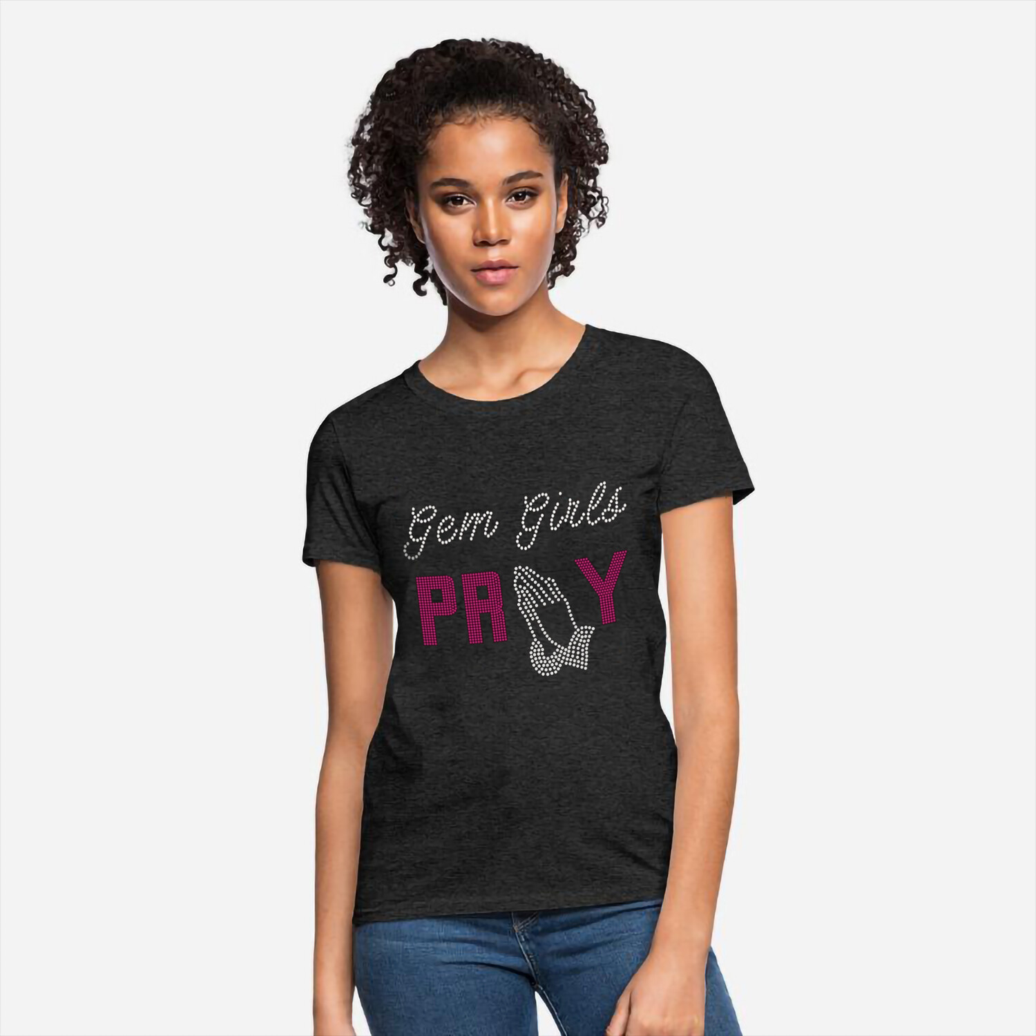 New Arrival Black/Gray Shirt with silver &amp; pink gem stones