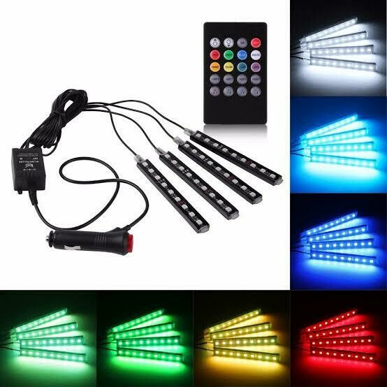 Car Atmosphere Interior Floor Under Dash Strips LED Lamp Kit with Remote Control for All Vehicles -Set of 4 Pieces