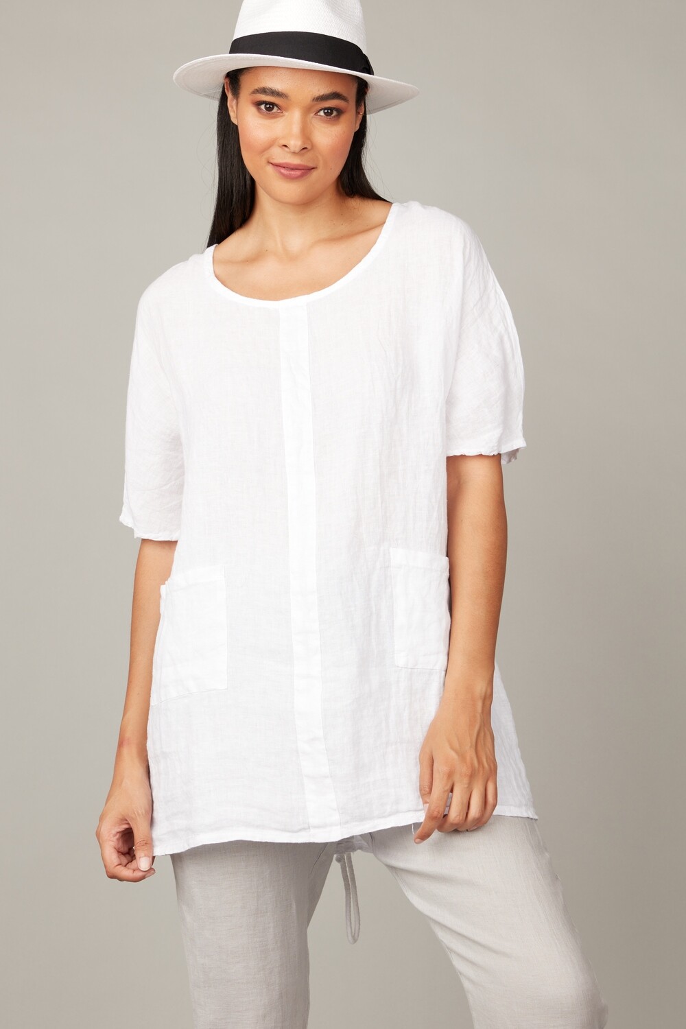 Pistache Linen Tunic with Patch Pockets 