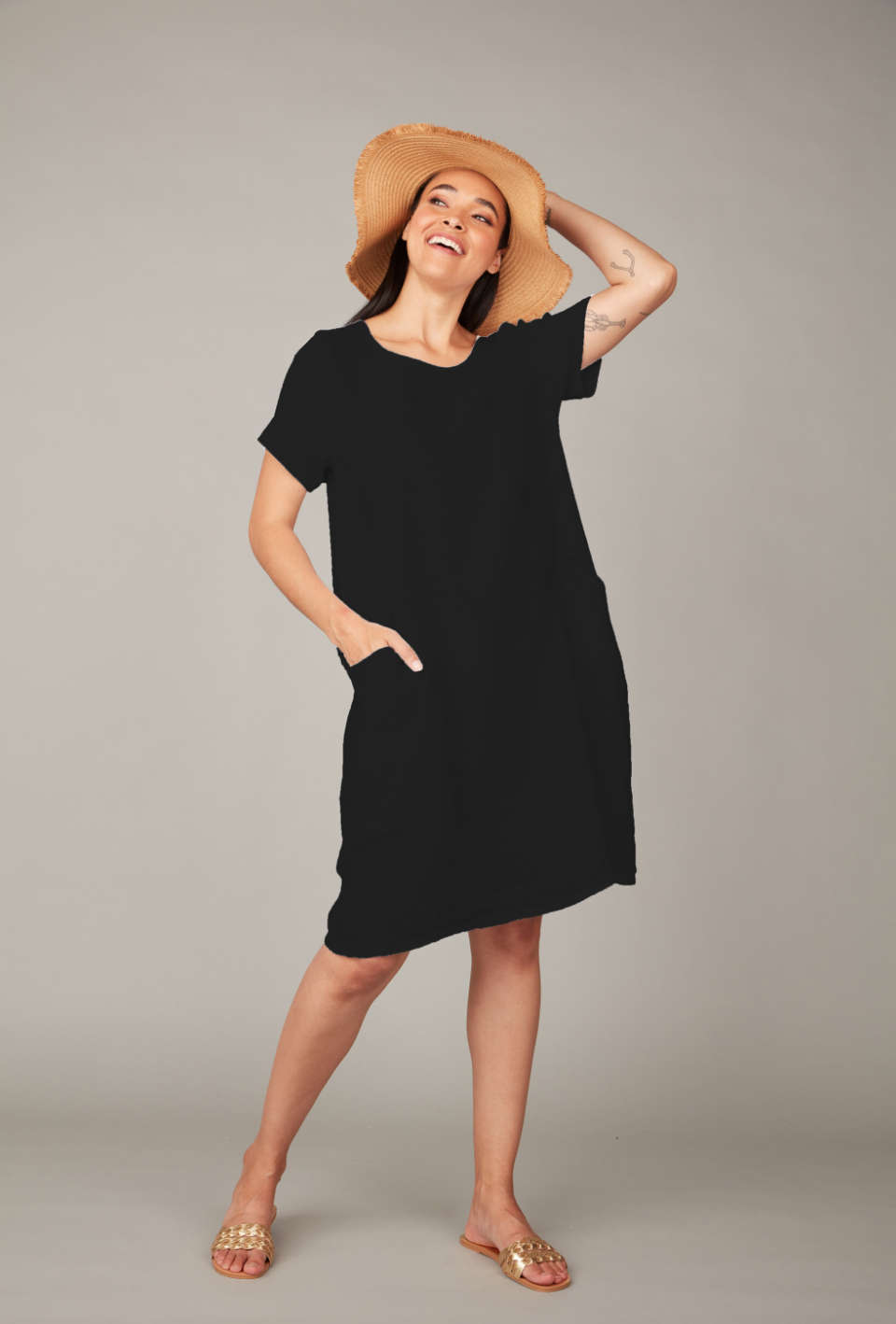 Pistache Linen Dress With Cotton Ribbed Sides 