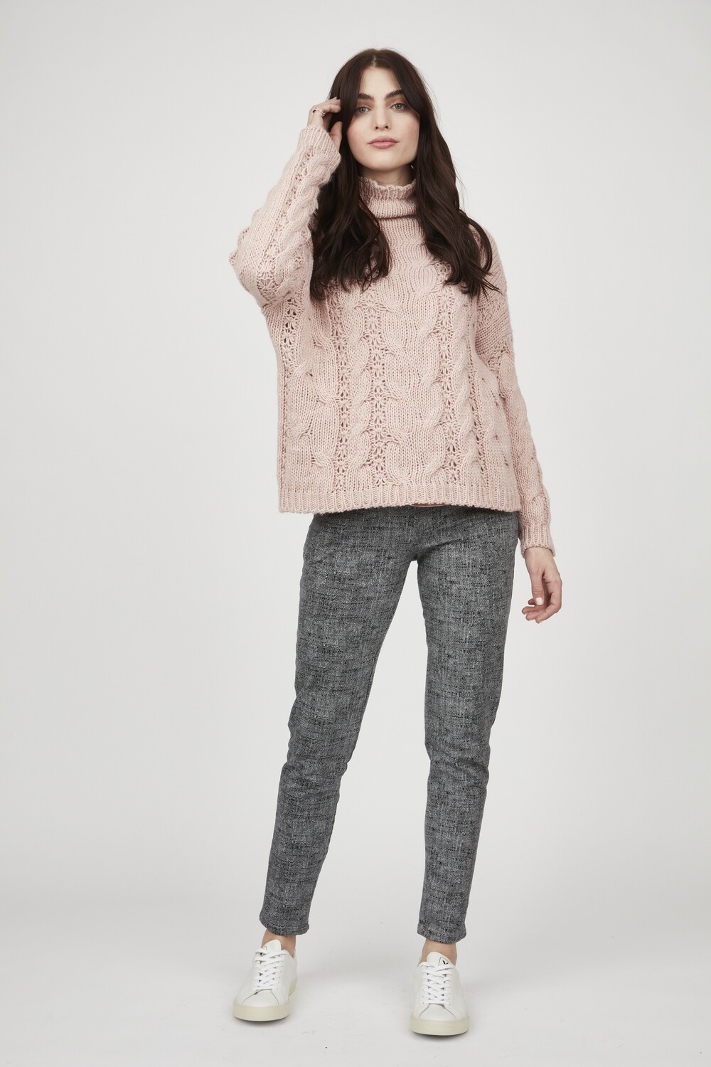 Pistache Cable Knit Funnel Neck Sweater Pink