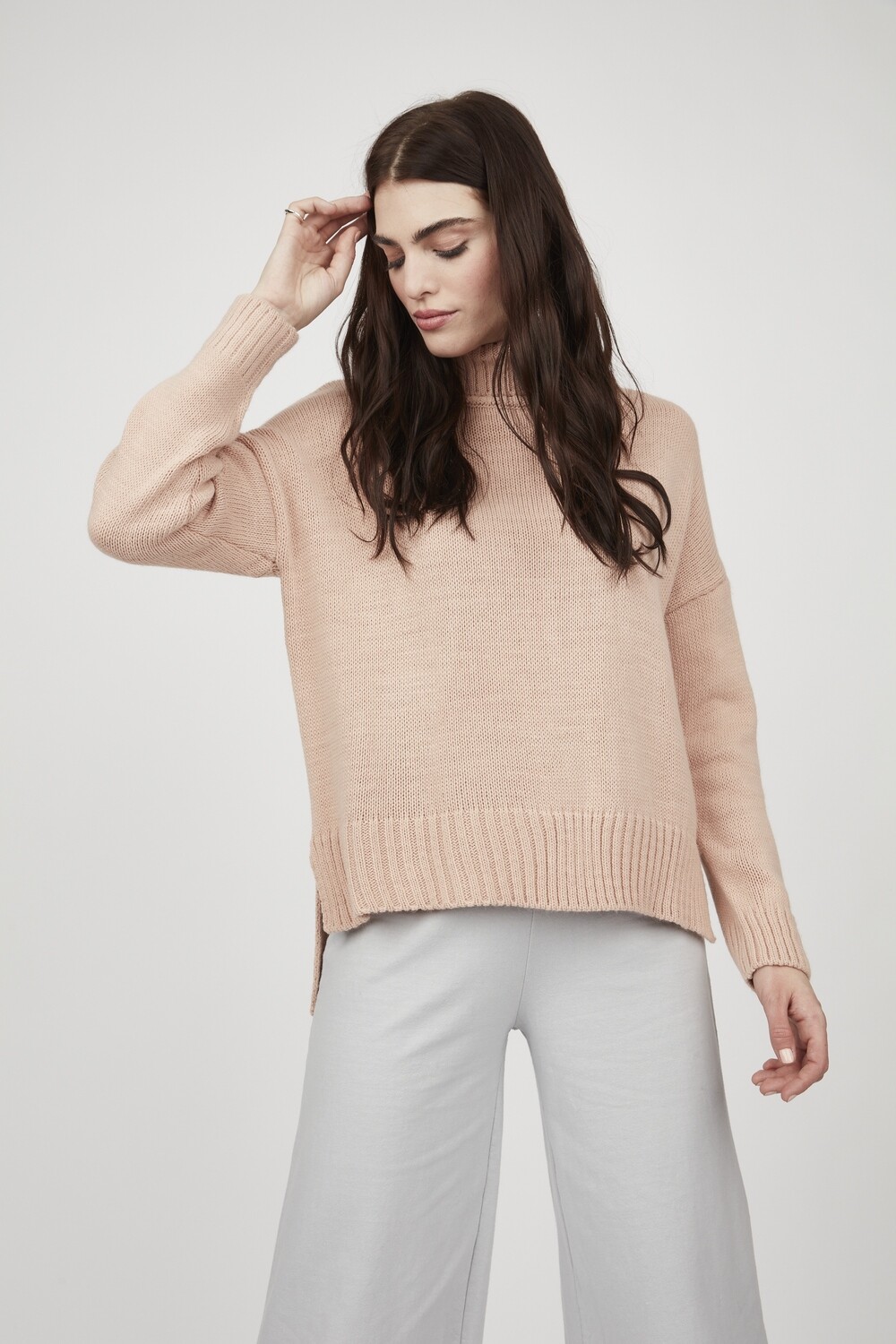 Pistache High Low Turtle Neck Sweater Pink