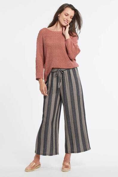 Tribal Pull on Crop Pant Striped Linen Black