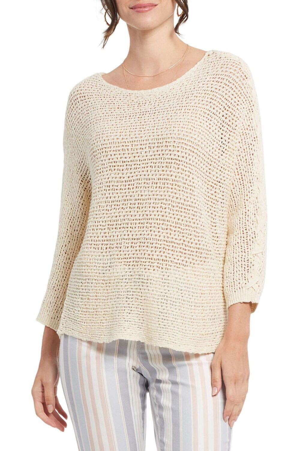 Tribal 3/4 Sleeve Boat Neck Sweater with Lace Up