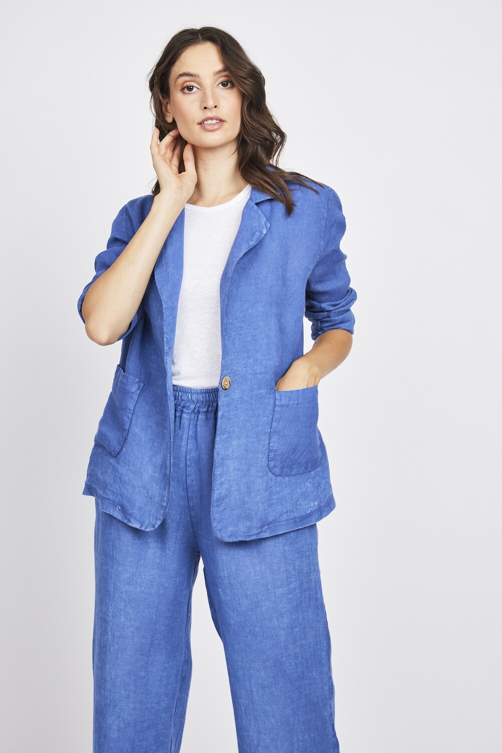 Pistache Relaxed Linen Blazer Denim Wash