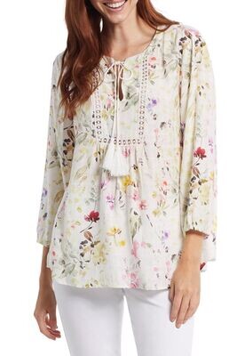 Tribal 3/4 Sleeve Blouse with Lace Trim Fern