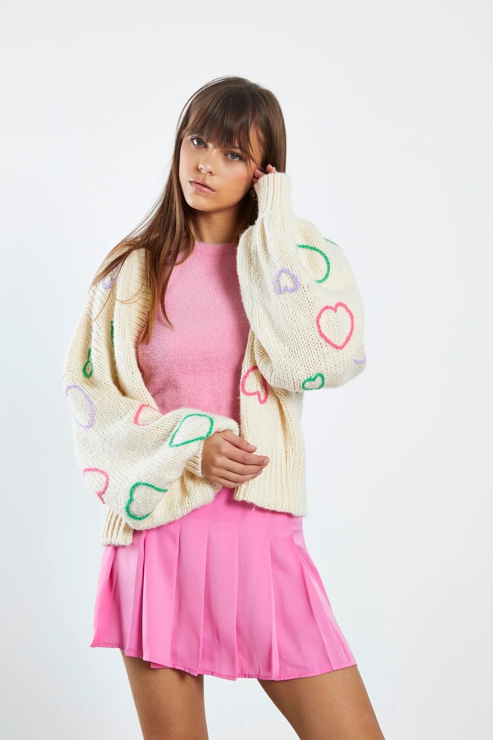 Glamorous Cream Multi Heart Cardigan