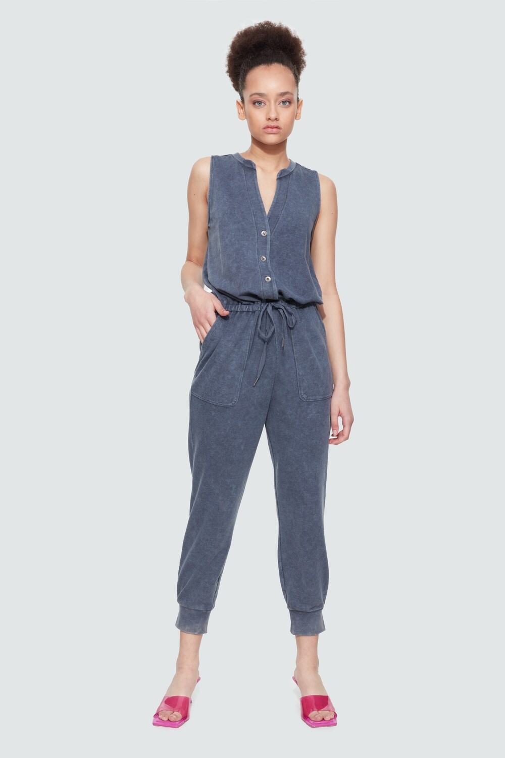 Dex Washed Navy Button Front Jumpsuit