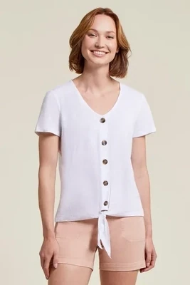 Tribal V-Neck Top w/Buttons White