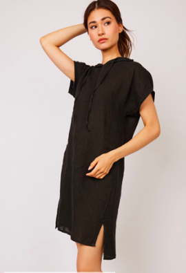 Pistache Linen and Cotton Hooded Dress Black