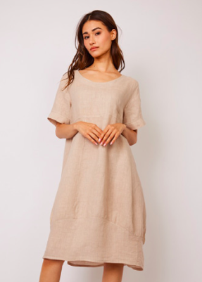 Pistache Short Sleeve Linen Bubble Dress Flax