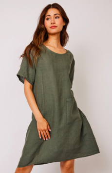 Pistache Short Sleeve Linen Dress Safari