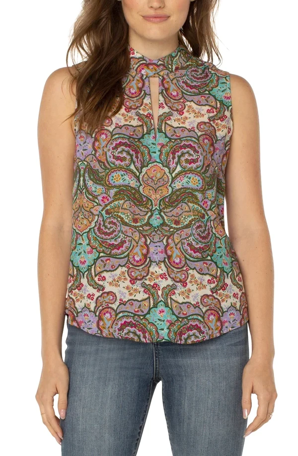 Liverpool Woven Mock Neck Top Scrolling Paisley
