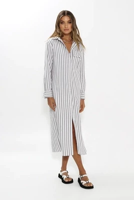 Madison Jadana Grey Stripe Shirt Dress