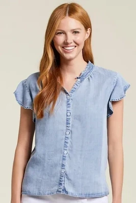 Tribal Chambray Button Front Blouse w/Frill Sleeve