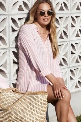Tribal Drop Shoulder Button Down Pink Monet Stripe