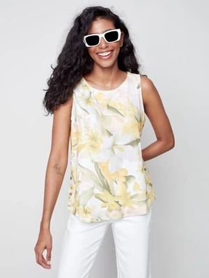Charlie B Floral Peachsand Linen Tank with Buttons