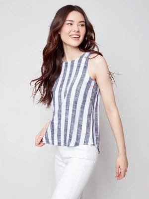 Charlie B Striped Linen Tank with Side Buttons