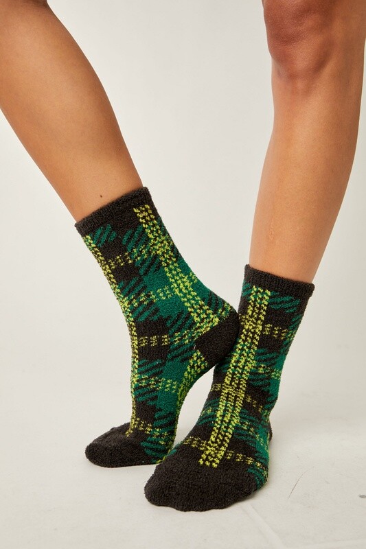 Free People Hilarie Plaid Crew Sock, Color: Evergreen Combo