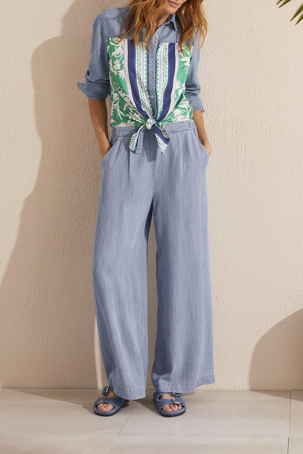 Tribal Flowy Pull On Wide Leg Chambray Pant