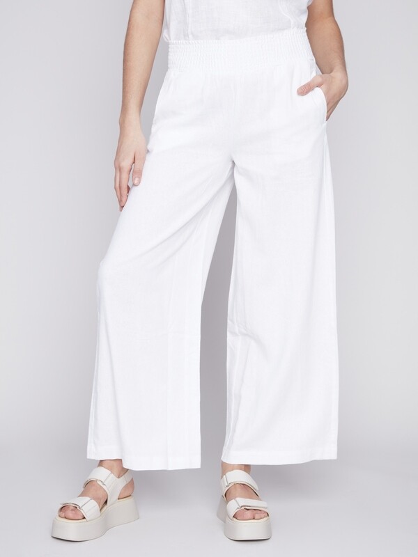 Charlie B Elastic Waist Pull On White Linen Pant