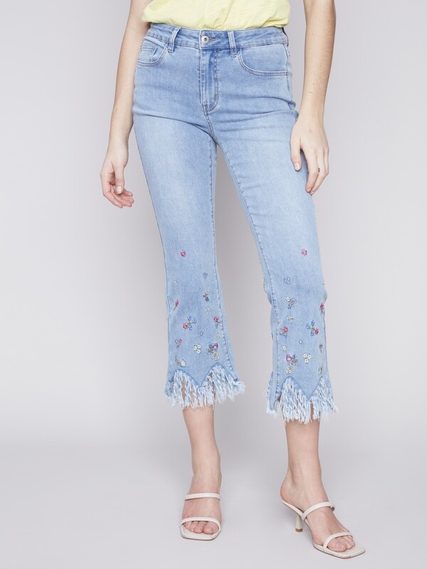 Charlie B Embroidered Bootcut Leg Fringe Hem