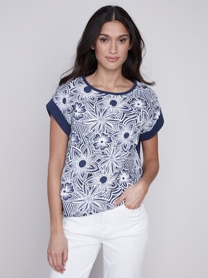 Charlie B Printed Combo Tie Front Top Marine