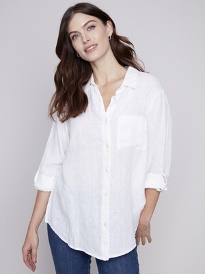 Charlie B Solid Button Front White Linen Shirt