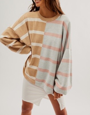 Free People Uptown Stripe Pullover Camel&Grey Combo