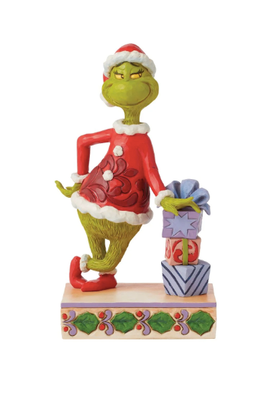 Jim Shore Grinch Leaning on Stacked Gifts