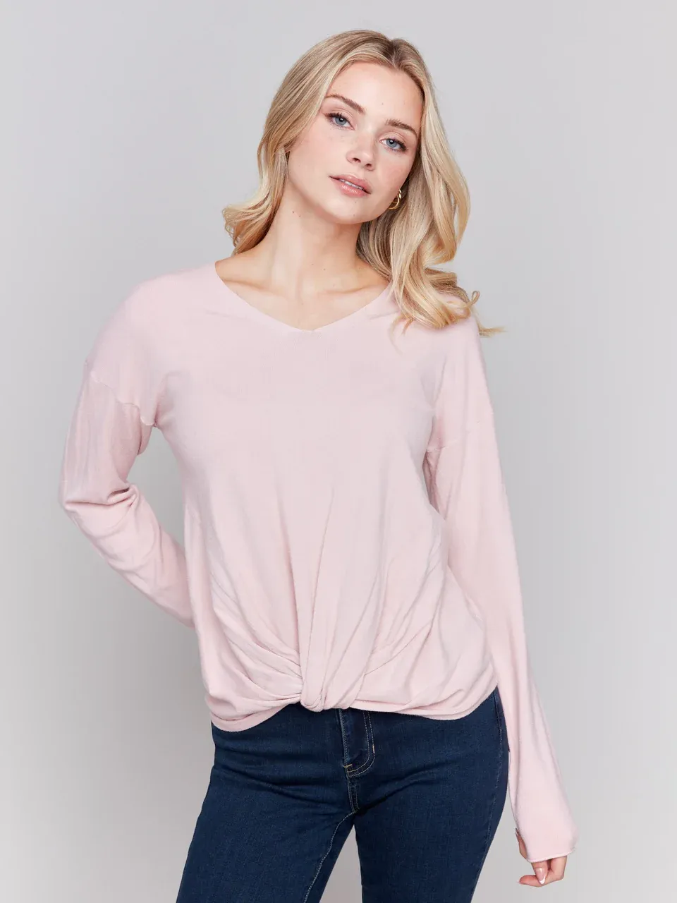 Charlie B Heather Quartz VNeck Knot Design Sweater