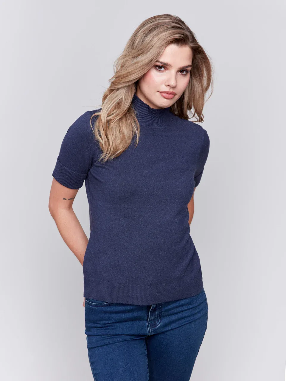 Charlie B MockNeck Shortsleeve Sweater Heather Denim