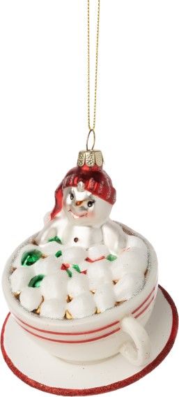 Silver Tree Glass Cup and Saucer Hot Chocolate Snowman Ornament