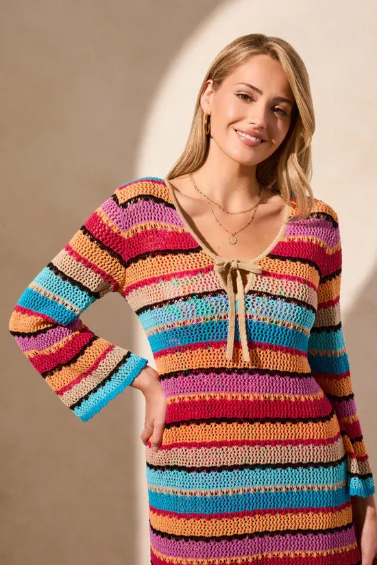 Tribal Flame Crochet Bell Sleeve Cover Up Dress
