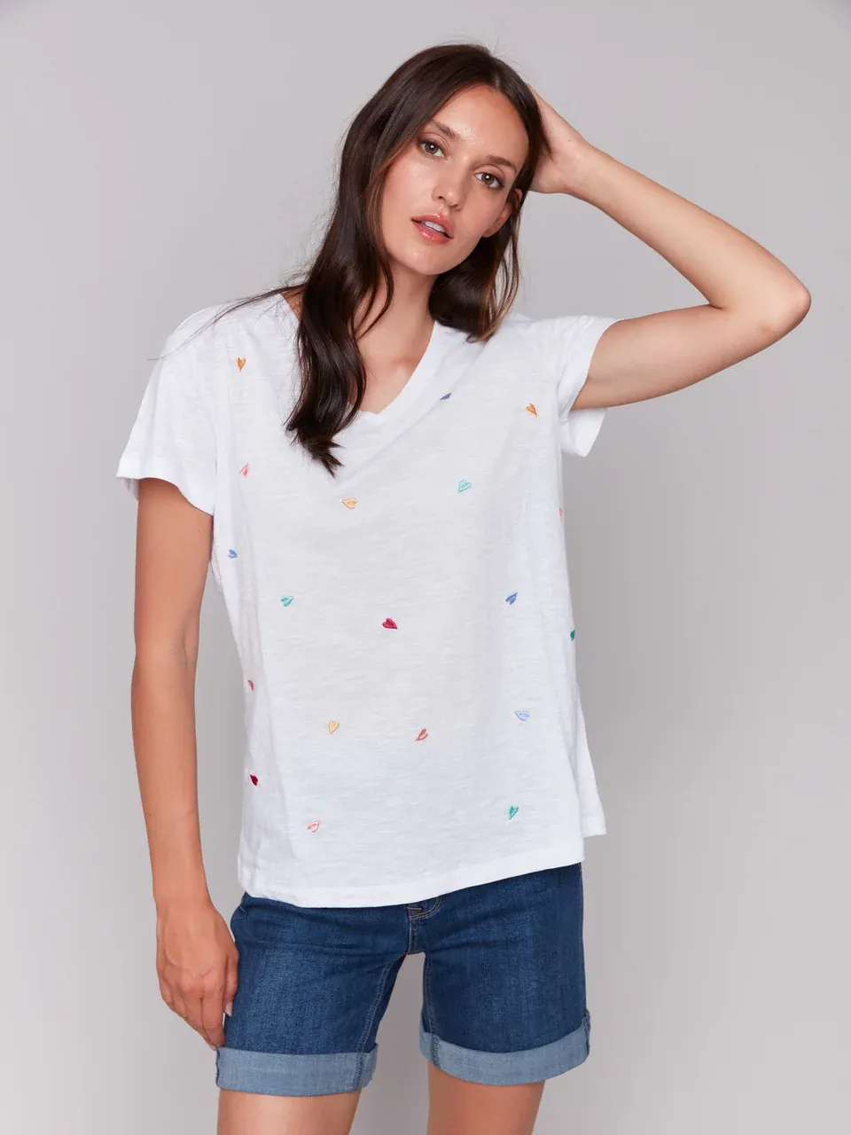 Charlie B Hearts Short Sleeve VNeck Tee