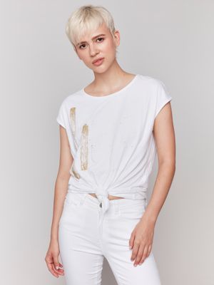 Charlie B Cap Sleeve Front Knot Top Metallic Print