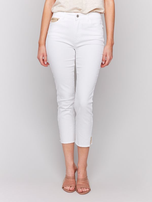 Charlie B Slim White Pant with Gold Detail
