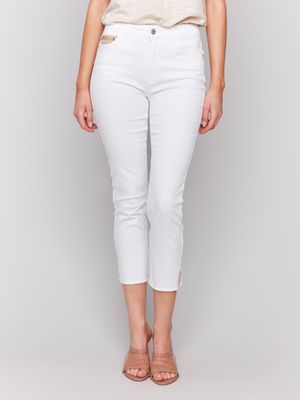 Charlie B Slim White Pant with Gold Detail