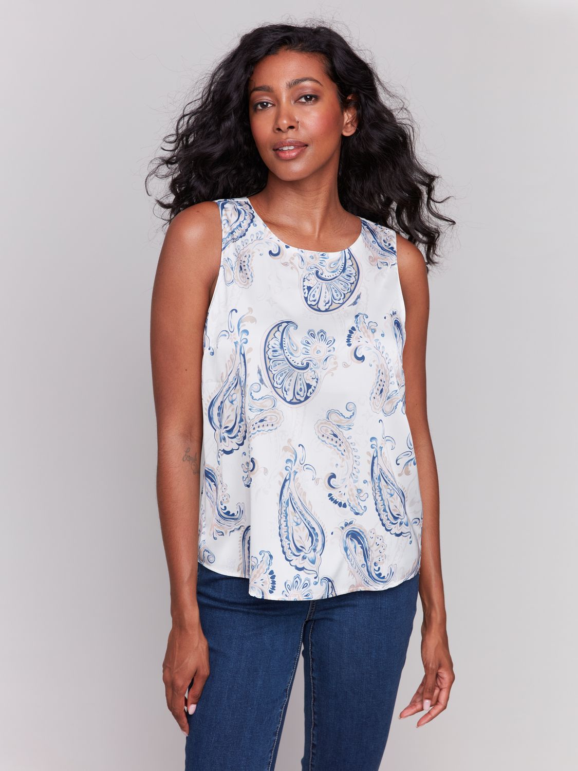 Charlie B Ivory PaisleySleeveless Top with Keyhole