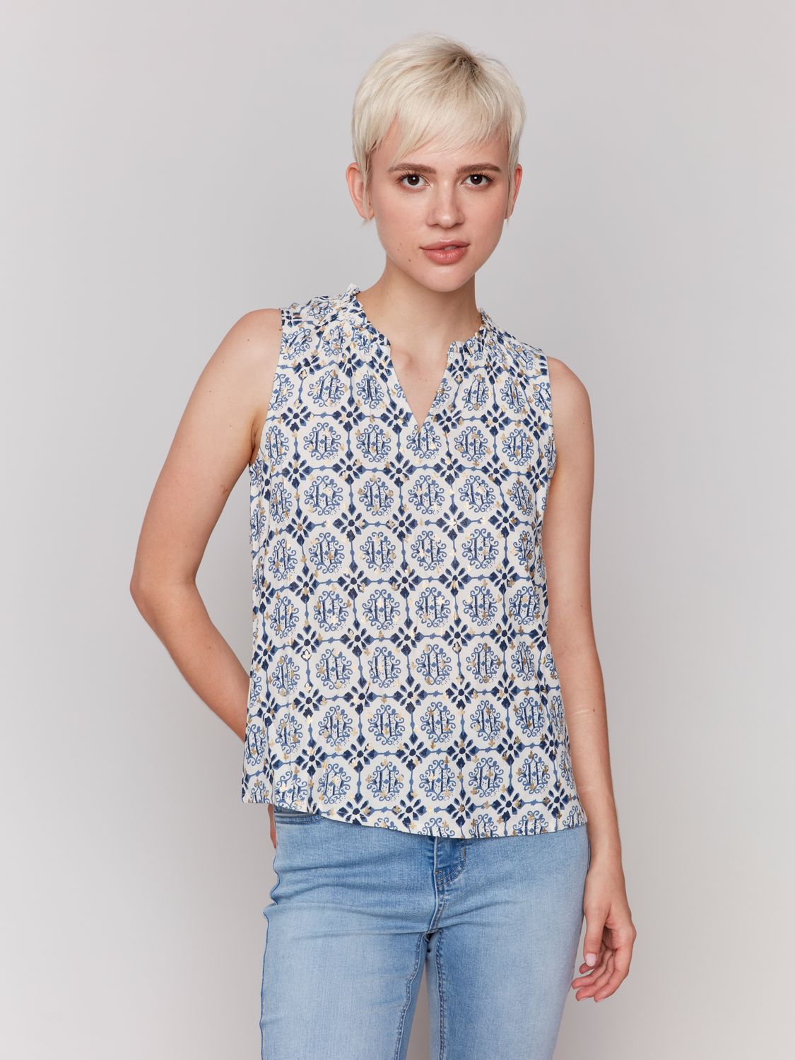 Charlie B Printed Sleeveless Blouse Ornament