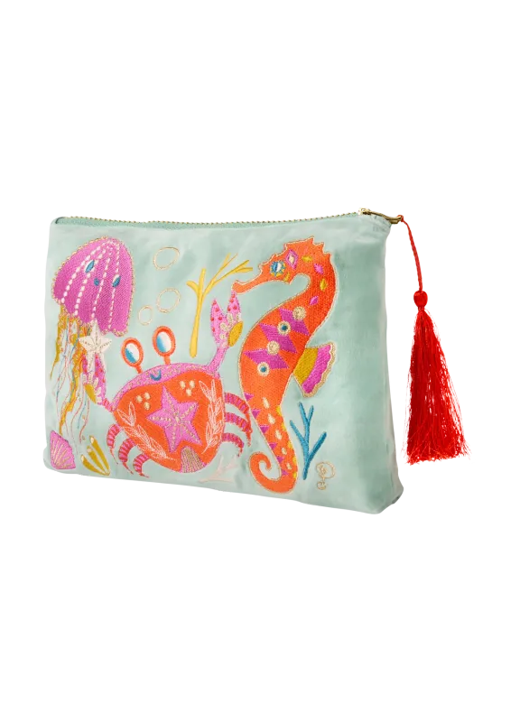 Powder Zip Pouch Seashore Friends Aqua
