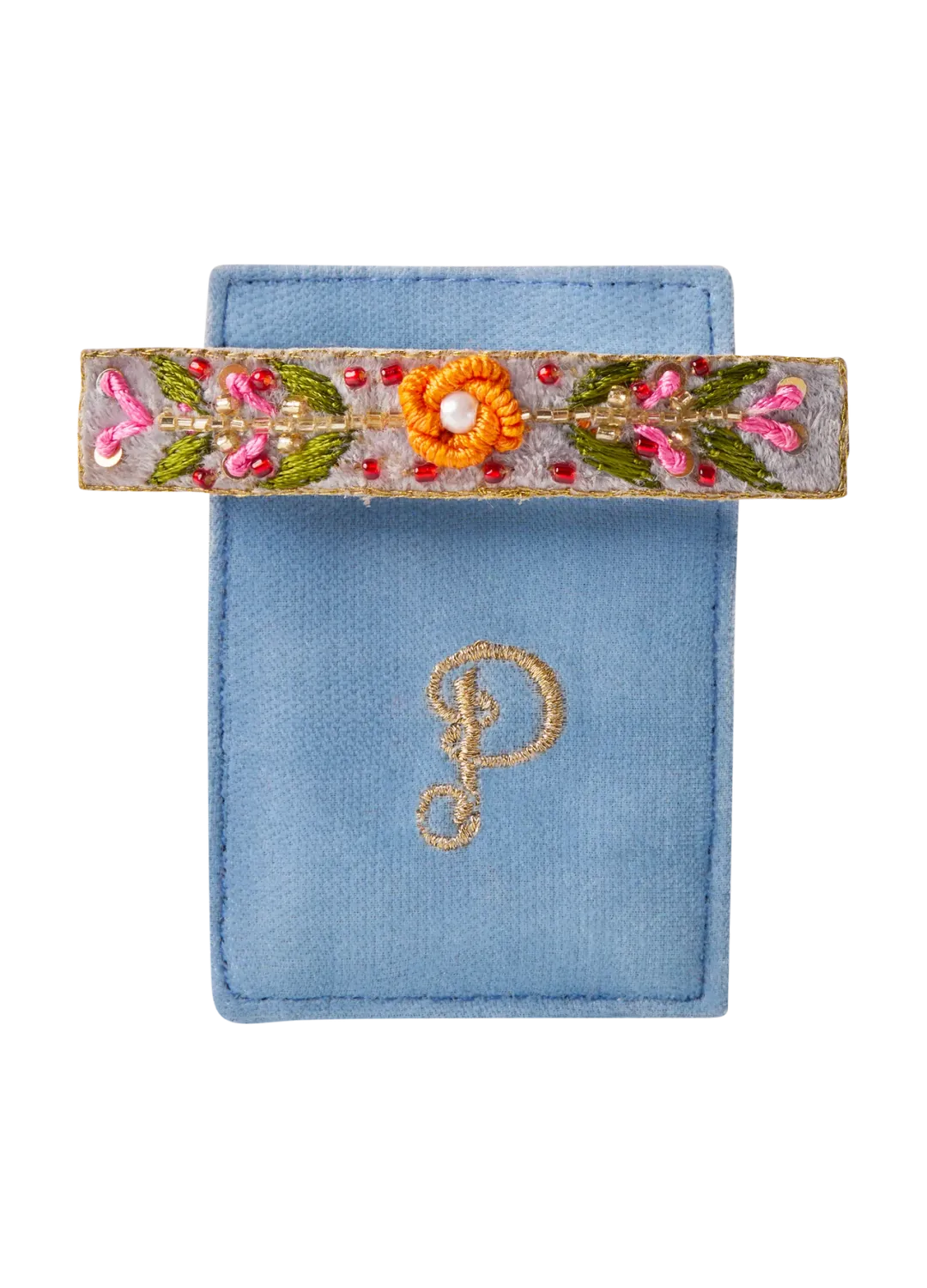 Powder Embroidered Barette Denim Floral Vine